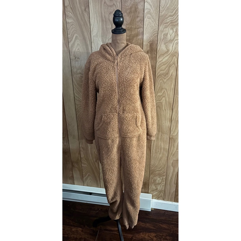 PINK Victorias Secret Sherpa Fleece Hooded Jumpsuit Tan Brown Full Zip Small‎